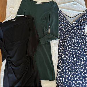 3 Diane Von Furstenberg dresses. Blue silk, black wool, & green wool. Worn once!